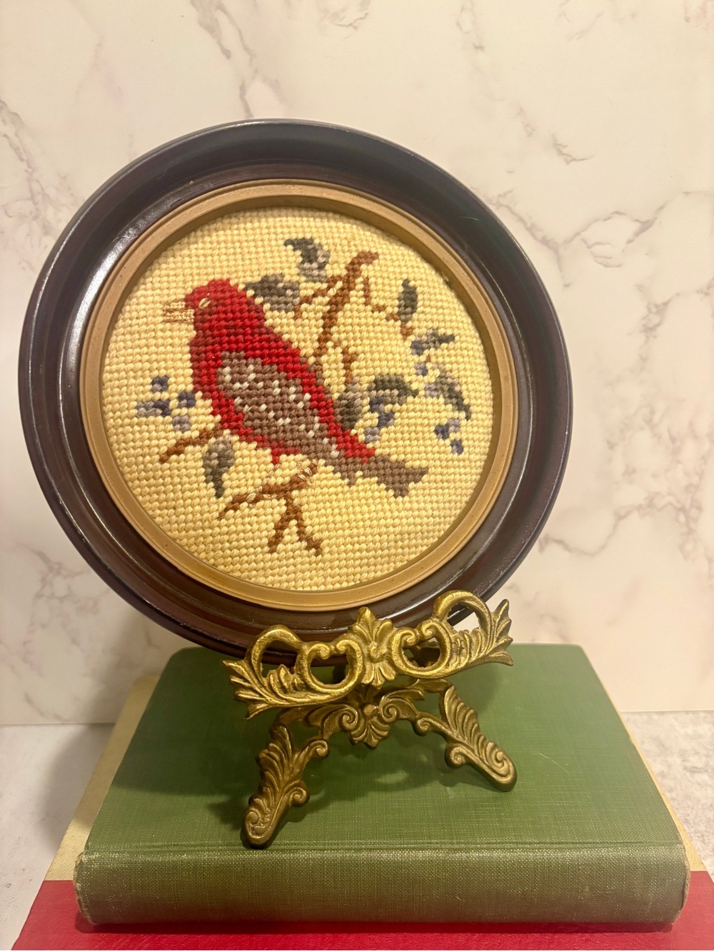 Vintage Red Bird Cross-Stitch in Wooden Round Frame